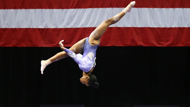 Gabby Douglas competes on the balance beam during day two of the 2016 P&G Gymnastics Championships at Chafitz Arena on June 26, 2016 in St. Louis, Mo.