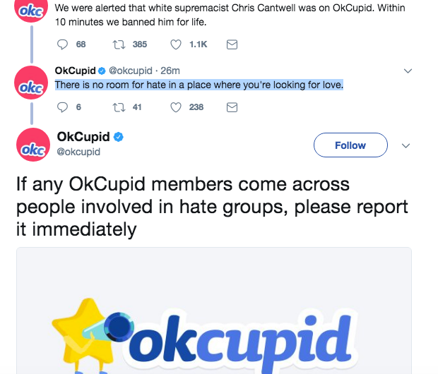 OKCupid has banned white nationalist Christopher Cantwell from the dating service.