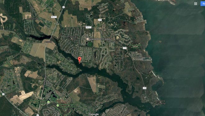 A satellite image shows the Burton Prong inlet of Rehoboth Bay where developers want to expand a private marina