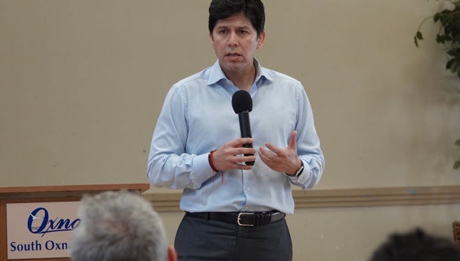 In this file photo from a campaign stop in Oxnard, Kevin de León made his pitch to run for U.S. Senate.