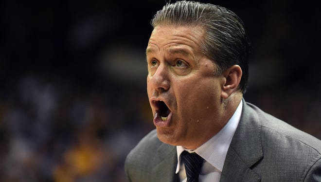 BATON ROUGE, LA - FEBRUARY 10:  Head coach John Calipari of the Kentucky Wildcats yells to his team during the first half of a game against the LSU Tigers at the Pete Maravich Assembly Center on February 10, 2015 in Baton Rouge, Louisiana.  (Photo by Stacy Revere/Getty Images)
