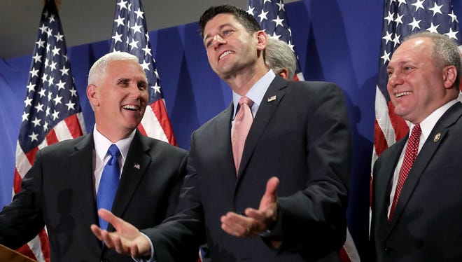 Republican vice presidential candidate Mike Pence joins House Speaker Paul Ryan, R-Wis., House Majority Whip Steve Scalise, R-La., and other members of the House GOP leadership for a news conference Tuesday, Sept. 13, 2016, after a weekly policy meeting at Republican headquarters on Capitol Hill.