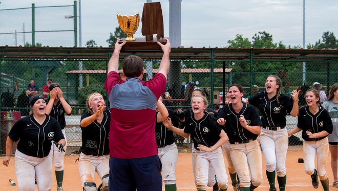 Edgewood softball players claim their AISA AAA State Championship trophy after defeating Glenwood at Lagoon Park in Montgomery, Ala., on Saturday May 5, 2018.