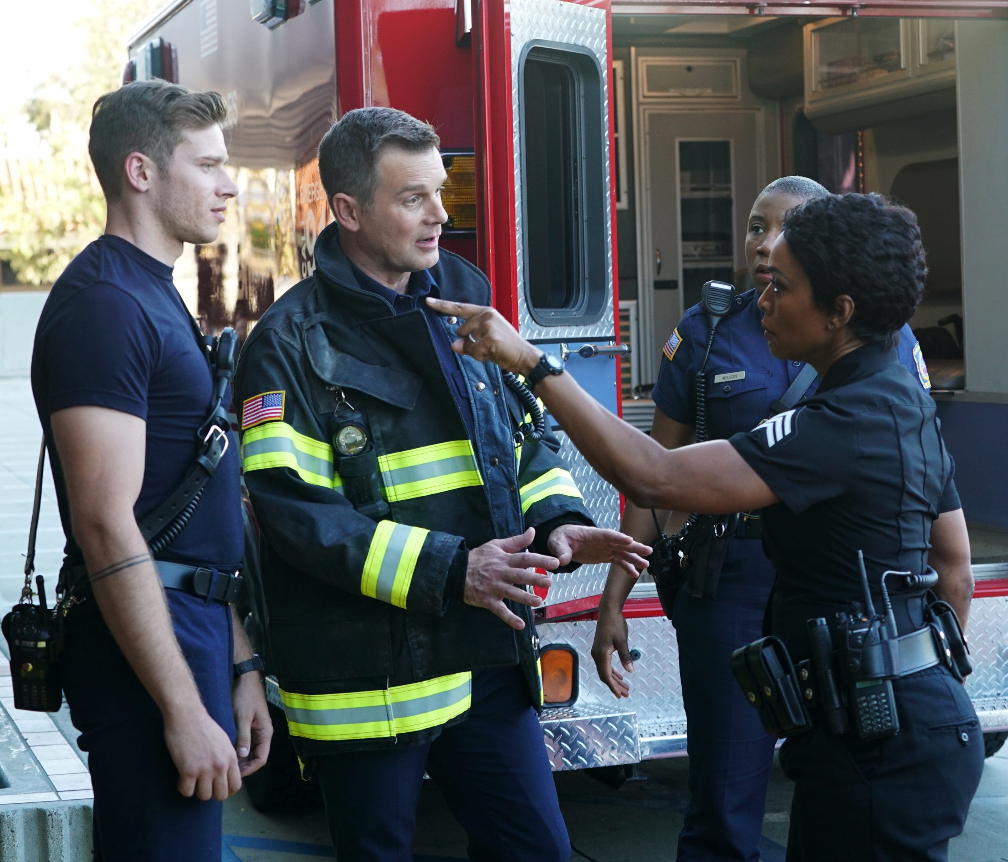 Angela Bassett as Athena Grant, Peter Krause as Bobby Nash and Oliver Stark as Evan 