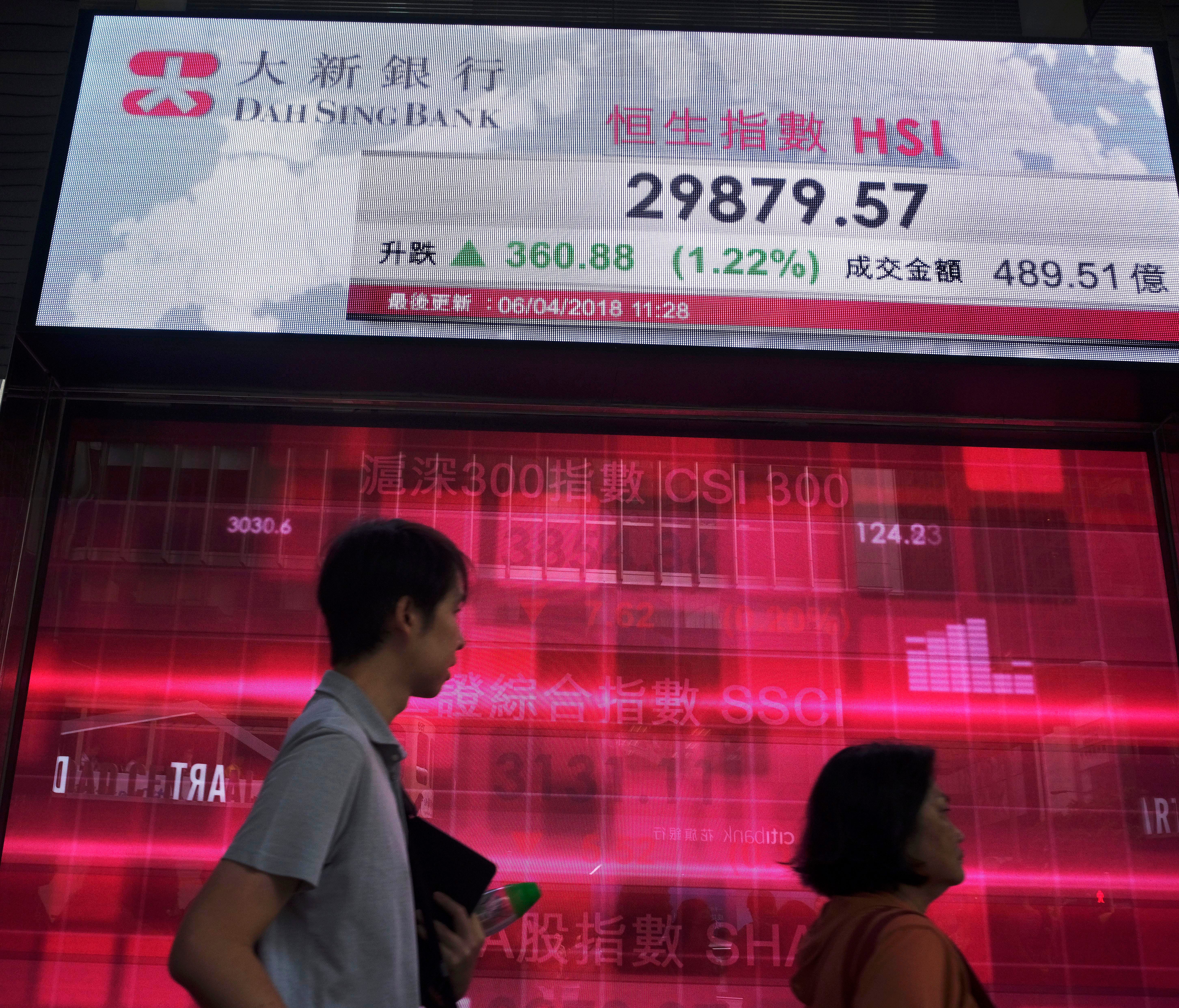 People walk past an electronic board showing Hong Kong share index outside a local bank in Hong Kong, Friday, April 6, 2018.