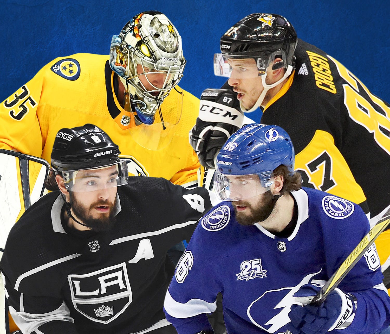 Pekka Rinne (top left), Sidney Crosby (top right), Drew Doughty (bottom left) and Nikita Kucherov (bottom right) will look to lead their respective teams to a 2018 Stanley Cup.