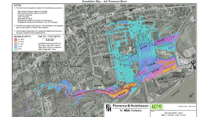 Worst-case scenario flooding in the event of levee failure at Mill Creek power plant coal ash pond. The pond is scheduled to be closed by 2021.