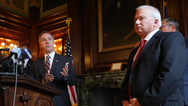 Wisconsin Assembly Speaker Robin Vos, R-Rochester, left, speaks about the ongoing state budget deliberations during a press conference held by the Republican legislative leaders as Senate Majority Leader Scott Fitzgerald, R-Juneau, looks on in the Senate Parlor of the Wisconsin State Capitol in Madison on July 1.