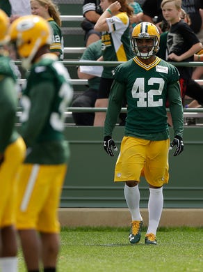 Green Bay Packers safety Morgan Burnett (42) during Organized Team Activities at Ray Nitschke Field on Thursday, June 2, 2016.