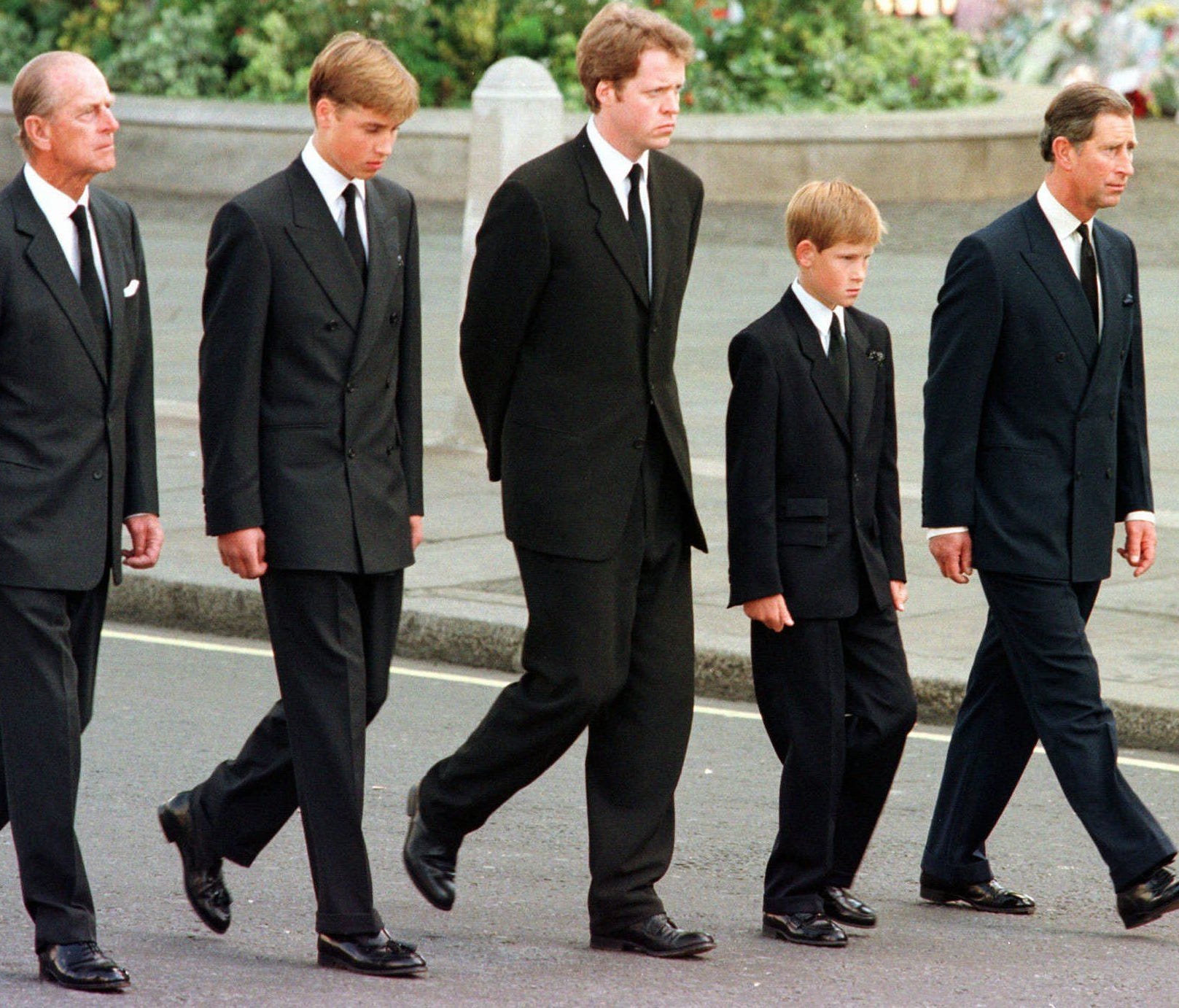 From left to right: The Duke of Edinburgh, Prince William, Earl Spencer, Prince Harry and Prince Charles outside Westminster Abbey during the funeral procession for Diana, Princess of Wales on Sept. 6, 1997.