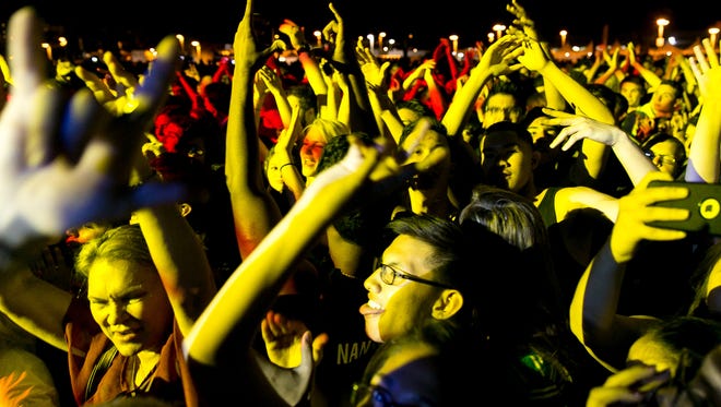 The crowd reacts as CLASSIXX performs during Tachevah: A Palm Springs Block Party.