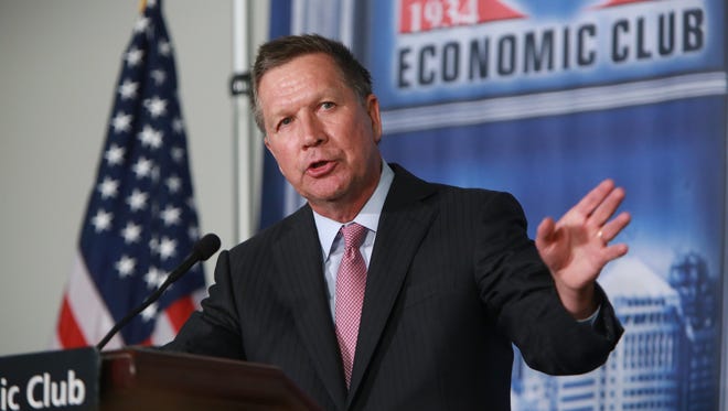 Ohio Governor John Kasich speaks to an audience at the Detroit Economic Club on April 13  at Cobo Center in downtown Detroit.