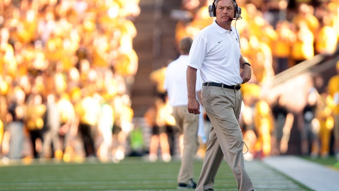 Iowa coach Kirk Ferentz encouraged by progress in offensive line.