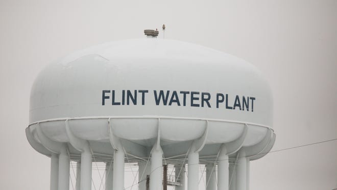 A water tower at the Flint Water Treatment Plant is seen on Wednesday January 21, 2015.