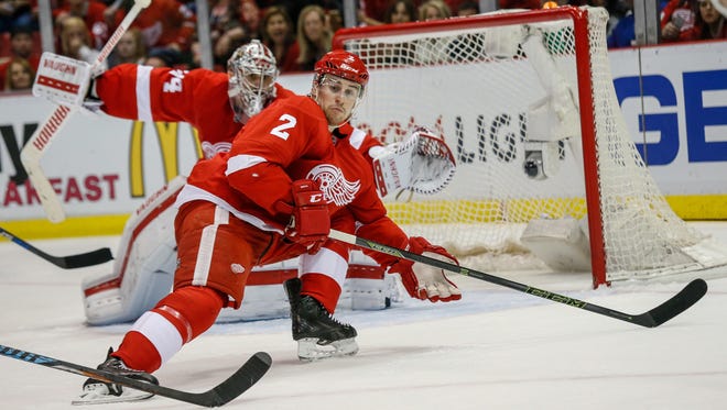 Red Wings defensemann Brendan Smith and goalie Petr Mrazek was unable to block the Lightning's shot during the third period of Tuesday's loss at Joe Louis Arena.