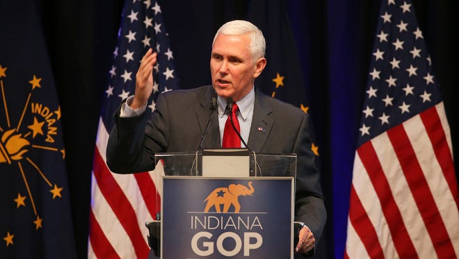 Gov. Mike Pence speaks April 21, 2016, at the Indiana Republican Party Spring Dinner at Primo Banquet Center.