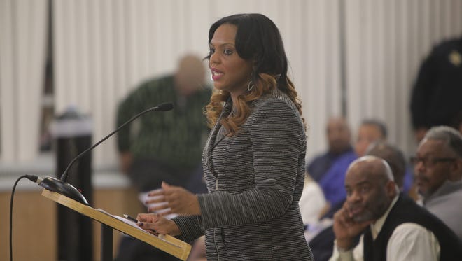 Then-City of Flint administrator Natasha Henderson addresses Flint City Council about the amount of money proposed to be reimbursed to Flint residents crediting their water bills during the Flint water crisis on Monday Feb. 8, 2016, at Flint City Hall.