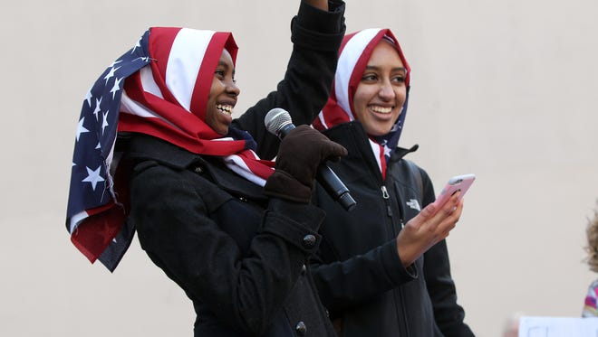 Ala Mohamed, left, and Raneem Hamad at a rally against the Trump administration's travel ban in 2017.