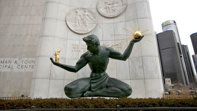 The Spirit of Detroit outside the Coleman A. Young Municipal Center in January 2017 in downtown Detroit. 