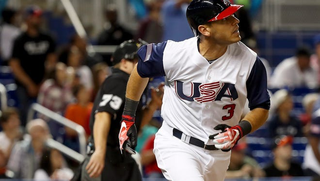 USA infielder Ian Kinsler (3) looks on as he pops out in the third inning against Colombia during the 2017 World Baseball Classic at Marlins Park on March 10.