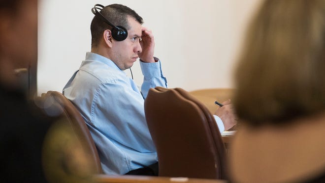 Defendant Tolentino Corzo Avendano looks on during opening statements during the first day of a trial in which he has been charged with first-degree murder from the February 2016 stabbing, as seen Wednesday, July 26, 2017, at the Larimer County Justice Center in Fort Collins, Colo. 