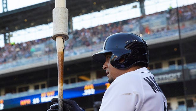 Tigers designated hitter Victor Martinez (41) waits to bat during the first inning on Friday, July 28, 2017, at Comerica Park.
