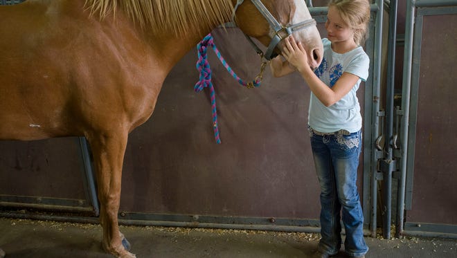 Samantha Elmquist, 9, pets her sorrel horse, Jasmin, Wednesday, August 2, 2017, after competing in the western and gymkhana categories at the Larimer County Fair & Rodeo at The Ranch in Loveland, Colo.