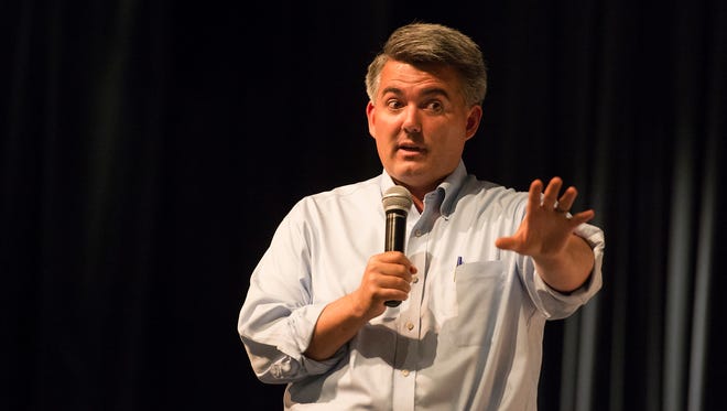 Sen. Cory Gardner speaks to a packed room, Tuesday, August 15, 2017, during a Town Hall meeting with Sen. Cory Gardner at the University Schools Auditorium in Greeley, Colo.