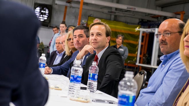 Michigan Lt. Gov. Brian Calley attends a Q&A at Triton Automation Group in Port Huron Oct. 10.