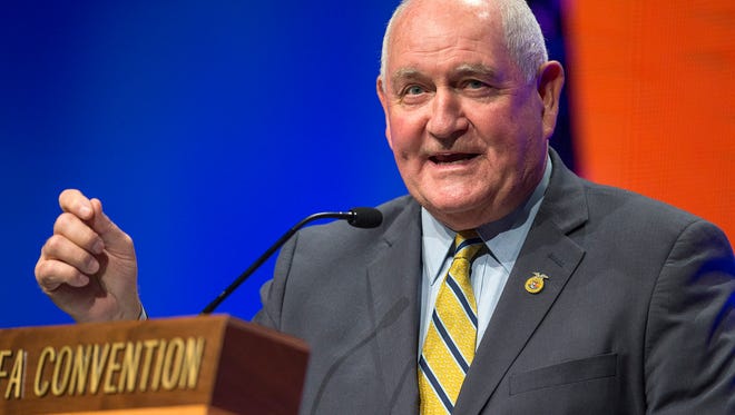 The U.S. Secretary of Agriculture Sonny Perdue speaks to the 90th National FFA Convention and Expo during opening session 1B at Banker's Life Fieldhouse, Indianapolis, Wednesday, Oct. 25, 2017.