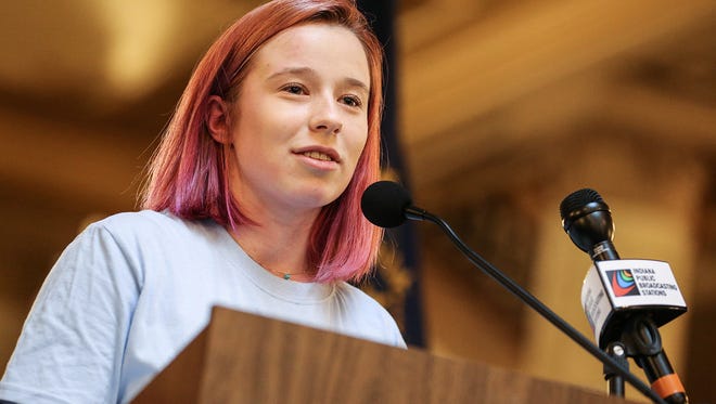 Romy Candon, a student at the International School of Indiana, speaks about her best friend surviving the Parkland school shooting, during Indiana's March for Our Lives rally at the Indiana Statehouse in Indianapolis, Ind., Saturday, March 24, 2018, part of a national student-led movement to end gun violence. Candon alsot spoke of her visit to Parkland a few days after the shooting.