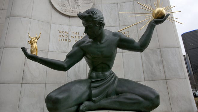 The Spirit of Detroit sits outside the Coleman A. Young Municipal Center in downtown Detroit.