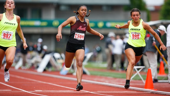 North Salem's Maliyah Thompson runs in the 6A girls 100 meter dash at the 2018 OSAA Track and Field State Championships on Saturday, May 19, 2018, at Hayward Field in Eugene. 
