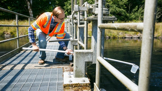 Todd English with Carollo Engineers collects a water sample as full-scale tests using powder activated carbon to remove cyanotoxins from Salem's water supply are underway at Geren Island Water Treatment Facility on Thursday, July 5, 2018.