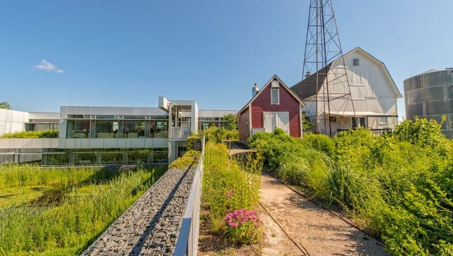 This exterior view of the Kresge Foundation on Big Beaver Road in Troy shows how the design by Chicago architect Joe Valerio blends traditional farm buildings into a modernist, environmentally sustainable building.