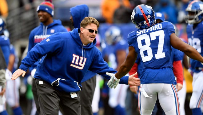 Giants head coach Ben McAdoo greeting receiver Sterling Shepard before a game against the Chicago Bears last month. McAdoo's somewhat self-effacing demeanor may be one key to the team's success.