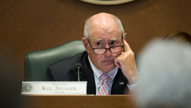 Senate Higher Education Committee chair Kel Seliger listens to a witness during a hearing April 26, 2016 on higher education tuition rates at the Texas Capitol.