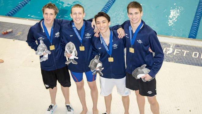 The BBD 200-medley relay foursome of (left to right) Alexander Margherio (fly), Oliver Cafferty (back), Lucas Kokubo (breast) and Ryan Lawrence (free) recently captured the club's first relay national championship in six years.