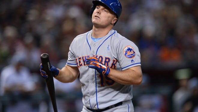 Jun 17, 2018; Phoenix, AZ, USA; New York Mets right fielder Jay Bruce (19) reacts after striking out against the Arizona Diamondbacks during the sixth inning at Chase Field.