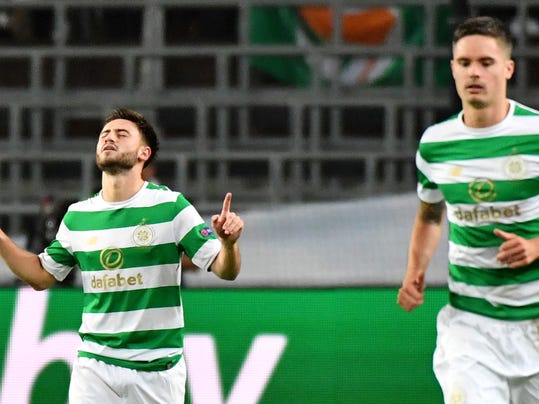 Celtic's Patrick Roberts, left, jubilates after scoring a second goal for Celtic during a Champions League Group B soccer match between Anderlecht and Celtic at the Constant Vanden Stock stadium in Brussels, Wednesday, Sept. 27, 2017. (AP Photo/Geert Vanden Wijngaert)