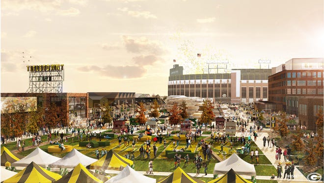 An artist’s conceptual rendering shows a fall scene in the Titletown District’s public plaza, with Lambeau Field in the background. Final designs might differ.