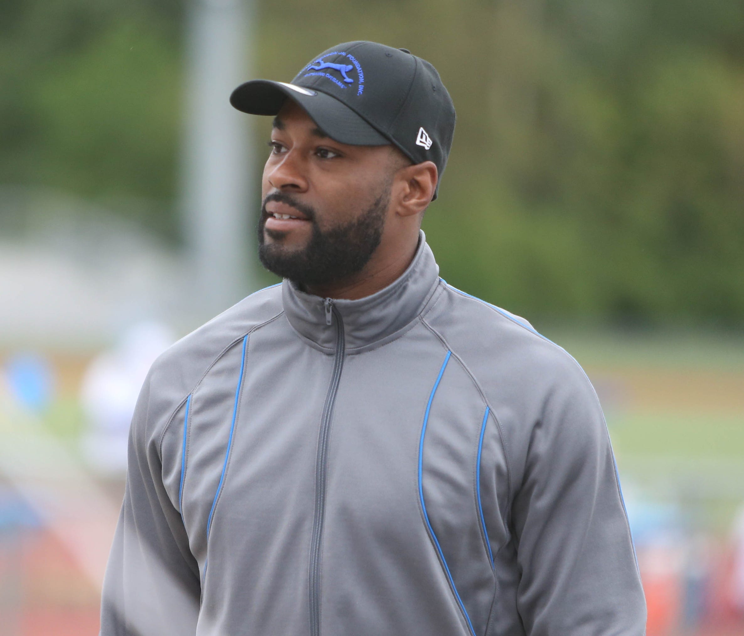 Former Detroit Lions receiver Calvin Johnson during the Calvin Johnson Jr. Foundation Catch a Dream football camp held at Southfield high school Saturday, May 20, 2017 in Southfield.