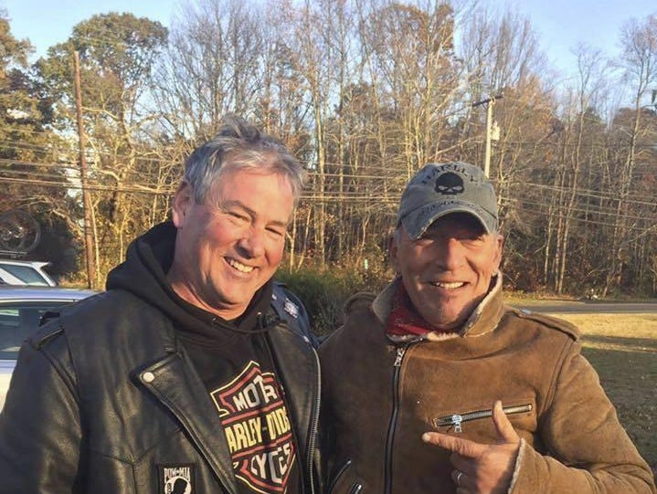 In this Friday photo provided by Ryan Bailey, Dan Barkalow, left, and Bruce Springsteen poses for a photo in Wall Township. Barkalow and a group from the Freehold American Legion was riding after a Veterans Day event Friday when they pulled over to h