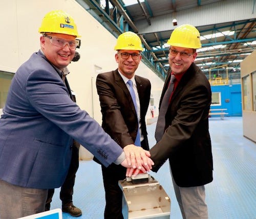 Executives from Royal Caribbean and the Meyer Werft shipyard in Papenburg, Germany mark the beginning of construction of Royal Caribbean's newest ship, Spectrum of the Seas.