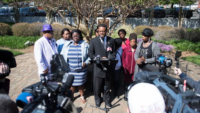 The family of Jermaine Massey holds a press conference outside of the Law Enforcement Center after his death was ruled a homicide on Friday, April 13, 2018. 