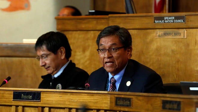 Navajo Nation President Russell Begaye, shown here giving his State of the Nation address on Monday at the Council Chambers in Window Rock, Ariz., will be presented a bill that calls for securing a loan to purchase three new tribal aircraft.