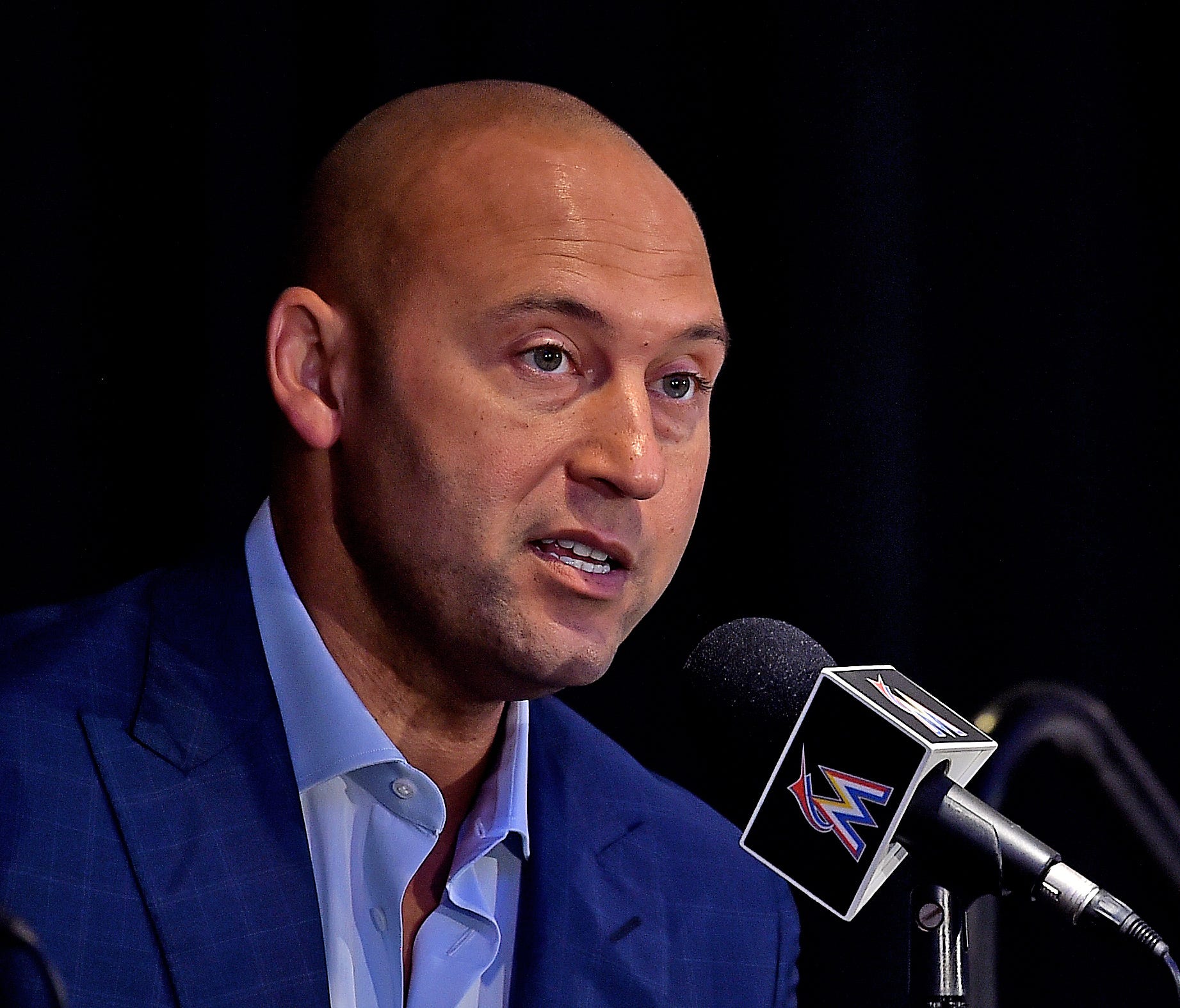 Derek Jeter addresses the media at Marlins Park in Miami after being introduced as Marlins chief executive officer on Oct. 3.
