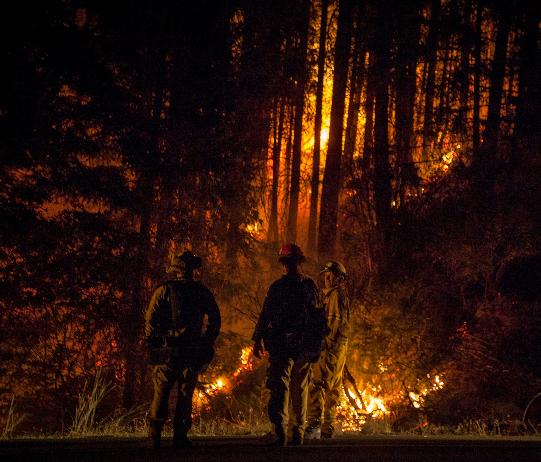 A Cal Fire firefighter, makes his way through the terrain after setting a backfire to burn excess fuel and make progress on the Carr Fire as it burns into the evening along Highway 299, just east of the Trinity County line in California on July 30, 2