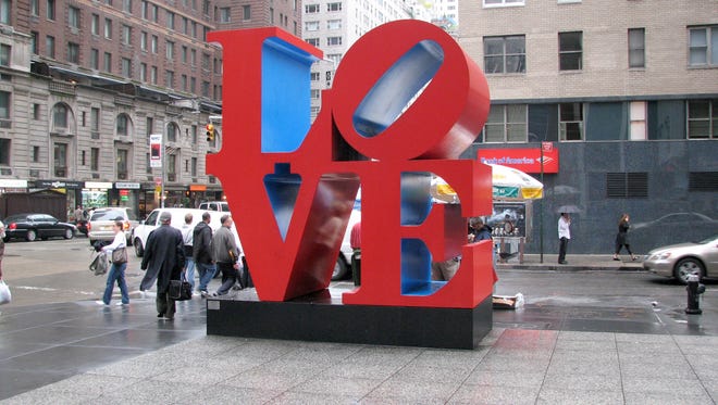 Robert Indiana's "LOVE" sculpture will be installed in front of Northwestern Mutual's glassy tower as part of this year's installation of Sculpture Milwaukee. It is seen here on the streets of New York.
