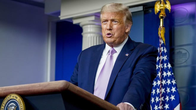 President Donald Trump speaks at a news conference in the James Brady Press Briefing Room at the White House, Tuesday, Aug. 11, 2020, in Washington.